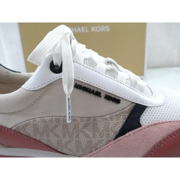 Michael Kors Allie Stride Trainer Lace Up Sneakers MK Logo Cream Multi